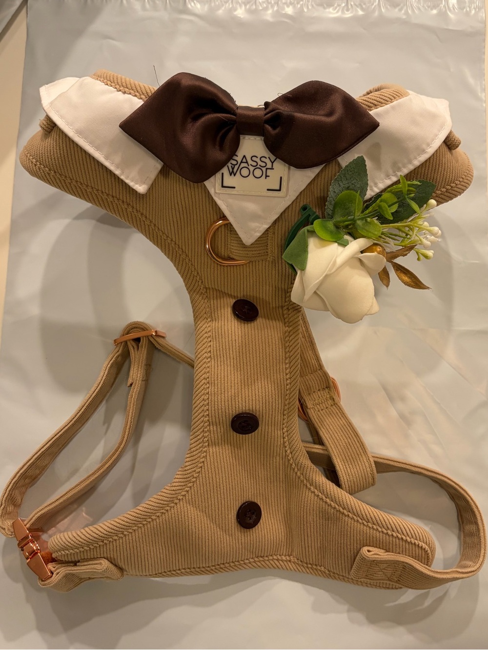 Sassy Woof - Best pup / Dog of Honor Harness with Brown Bow & White Flower